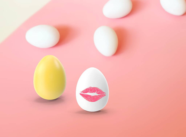 Πασχαλινά αυγά λευκό κίτρινο ροζ χείλη conceptholiday φόντο - Φωτογραφία, εικόνα