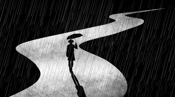 Een man met een paraplu loopt 's nachts een pad in de regen in deze 3-d illustratie. - Foto, afbeelding