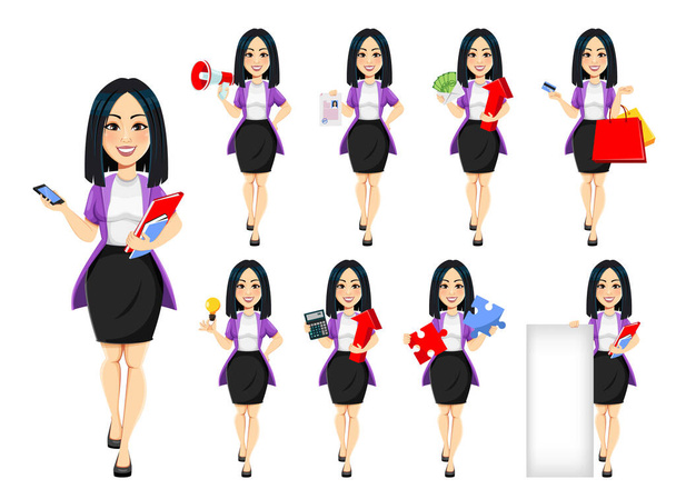 Concepto de joven mujer de negocios asiática moderna. Personaje de dibujos animados empresaria, conjunto de nueve poses. Stock vector ilustración - Vector, Imagen