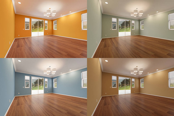 Porovnání nově rekonstruované místnosti domu s dřevěnými podlahami, lisováním, stropními svítidly a čtyřmi různými barvami malovaných stěn. - Fotografie, Obrázek