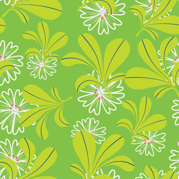 Yeşil yapraklı kireç yeşili ve beyaz ana hatlı çiçek elementleri pürüzsüz desen arka plan tasarımı. - Vektör, Görsel