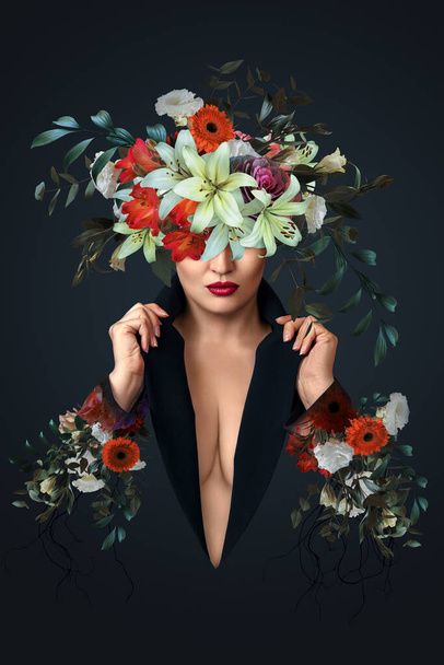Abstract contemporary art collage portrait of young woman with flowers - Фото, зображення