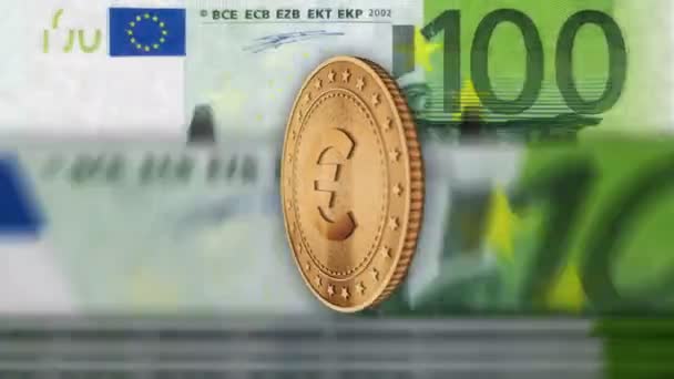 Euro EUR currency golden coins over 100 Euro banknotes. EU note counting loopable and seamless abstract 3d background concept. - Footage, Video