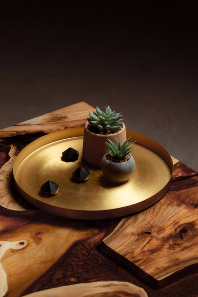 Muebles vintage caros. La mesa está cubierta con resina epoxi y barnizada. Un río epoxi de oro en una losa redonda de árboles. Pequeños cactus en macetas de hormigón en el espaciado de cobre.  - Foto, imagen