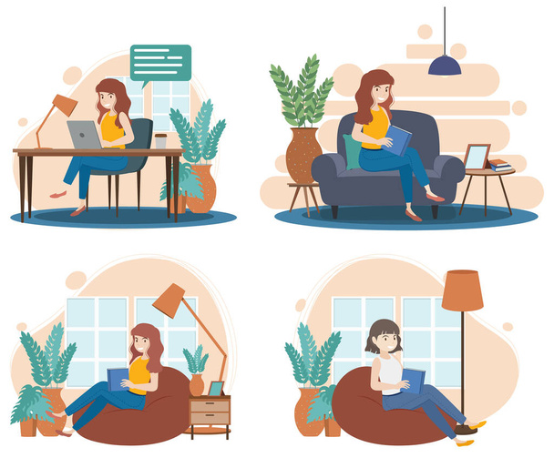 Scènes avec des personnes travaillant à domicile illustration - Vecteur, image