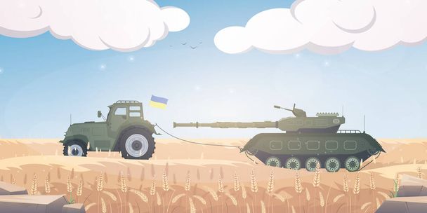 Ein ukrainischer Bauer hat einen russischen Panzer mit Traktor gestohlen. Ein Traktor zieht einen Militärpanzer über das Feld. Cartoon-Stil. Vektorillustration. - Vektor, Bild