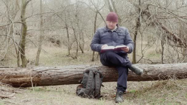 podróżnik czyta książkę z zainteresowaniem w lesie siedząc na upadłej sosnie - Materiał filmowy, wideo