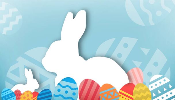 Cartel de Pascua Diseño de fondo para pancarta y papel de conejo estilo de corte con coloridos huevos de Pascua en el verde. Saludo, espacio de copia, digital, banner, renderizado del Web site -3d - Foto, Imagen