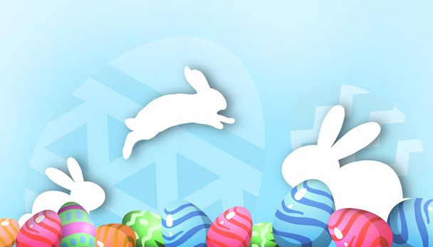 Пасхальное приветствие Дизайн фона для шаблона баннера и кролика бумаги вырезать стиль с пасхальными яйцами на синий. праздничное оформление, копия пространства, ремесла, веб-сайт -3d рендеринг - Фото, изображение