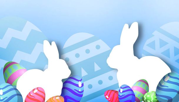 Easter greeting Design de fundo para banner e estilo de corte de papel de coelho com ovos de Páscoa no azul. projeto para um produto, cartão de saudação, espaço de cópia, site renderização 3d - Foto, Imagem