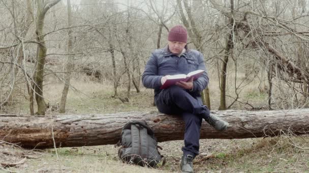 turysta czyta prawosławną Biblię w lesie, siedzącą na upadłej sosnie. - Materiał filmowy, wideo