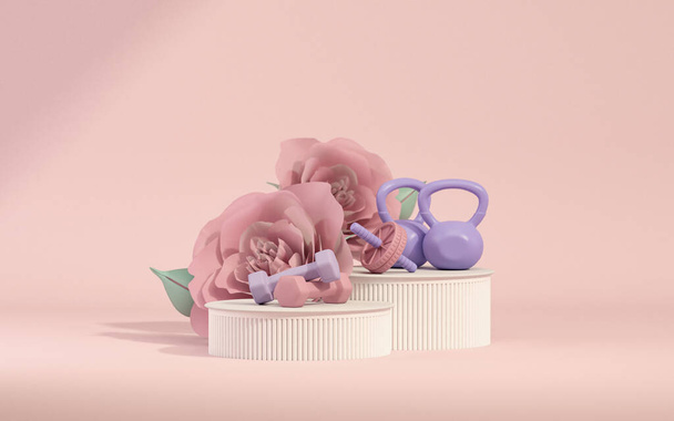 Rose flower, dumbbell on pastel purple and pink background. Sport equipment background for healthy lifestyle packaging presentation. Trendy 3d render for fitness, lifting in the gym, holiday. - Photo, Image