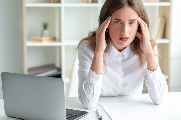 office work exhausted woman consider problem - Photo, Image