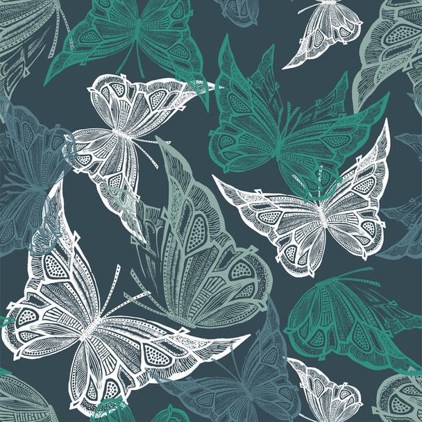 Green graphic vector seamless pattern with butterflies - Vektori, kuva