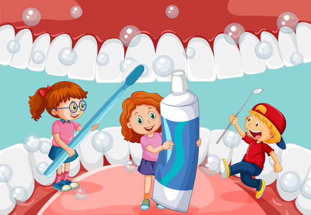 Niños felices cepillándose los dientes blanquear con un cepillo de dientes dentro de la boca humana ilustración - Vector, imagen