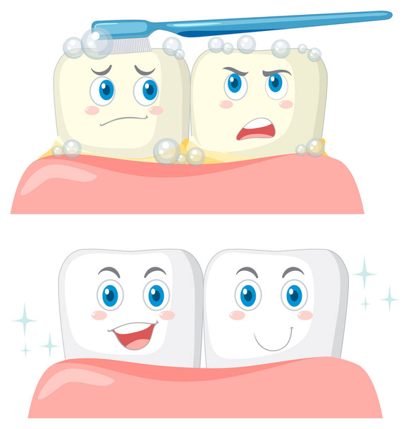 Set happy tooth brushing itself with a toothpaste on white background illustration - Vector, Image
