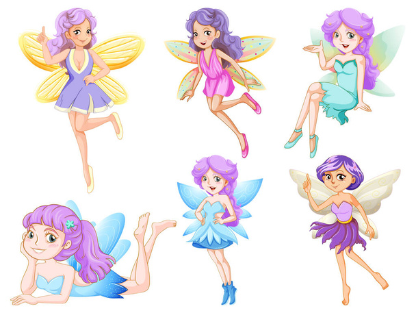 Set van verschillende mooie fee meisje cartoon karakter illustratie - Vector, afbeelding