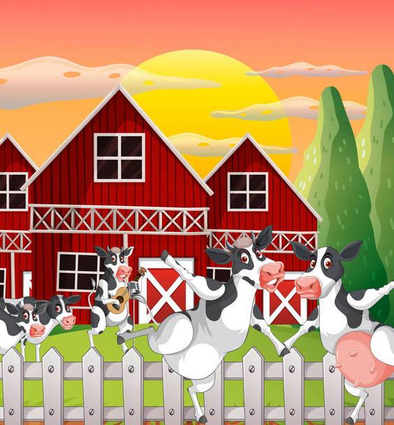 Outdoor cow farm scene with happy animals  illustration - Vector, Image