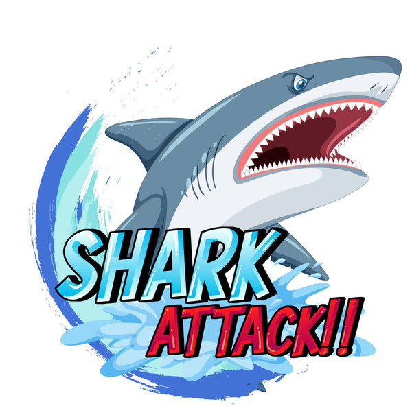 Büyük mavi köpekbalığı ve köpekbalığı saldırı metni illüstrasyonlu bir Deniz logosu - Vektör, Görsel