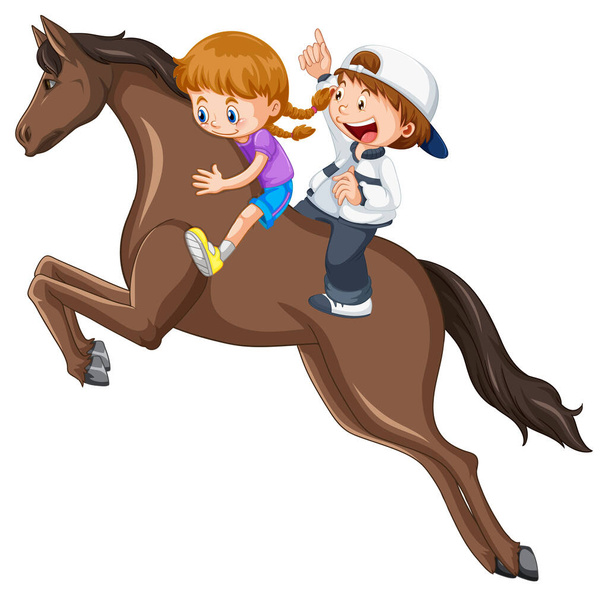 Eine Szene von Mädchen und Freund, die auf einem Pferd auf weißem Hintergrund reiten - Vektor, Bild