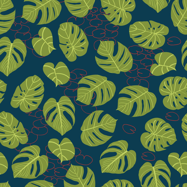 Green Monstera Leaves on Blue Background Vector Seamless Pattern - Vector, Image