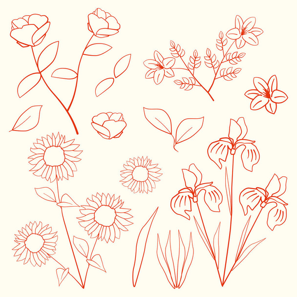 バターカップひまわりハイビスカスアイリス花の葉の装飾要素 - ベクター画像