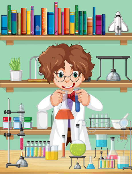 Laboratorium scène met wetenschapper cartoon karakter illustratie - Vector, afbeelding