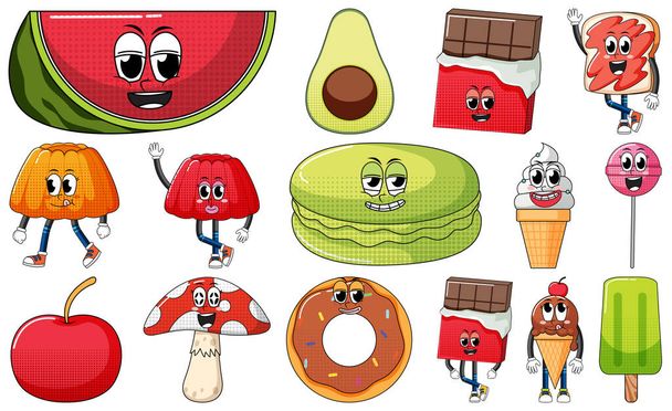 Set di espressione facciale con cartone animato cibo stile vintage su sfondo bianco illustrazione - Vettoriali, immagini