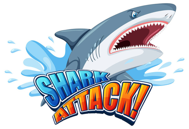 Shark aanval lettertype logo met cartoon agressieve haai illustratie - Vector, afbeelding