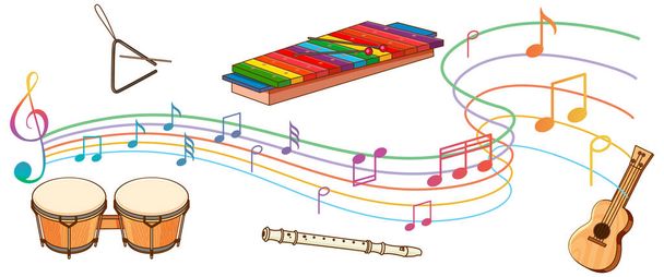 白い背景のイラストに音楽ノート付きの楽器 - ベクター画像