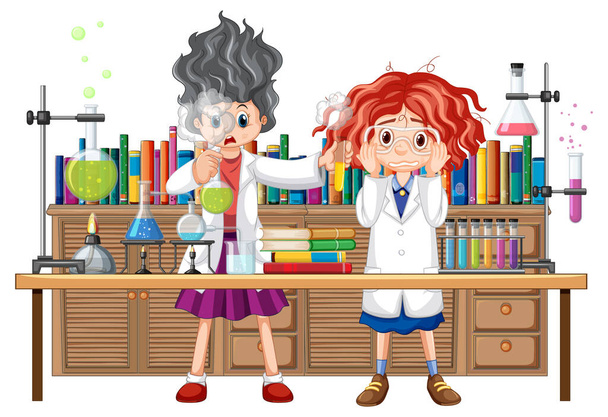 科学者の漫画のキャラクターイラストと研究室のシーン - ベクター画像