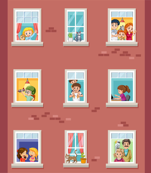 Appartement ramen met buren cartoon karakter illustratie - Vector, afbeelding