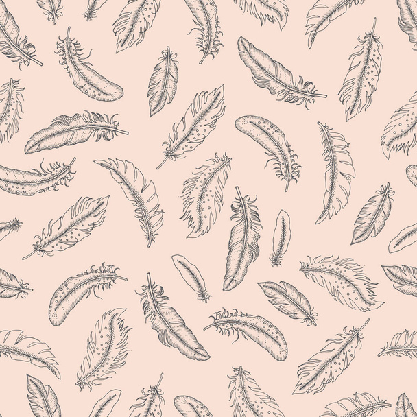 Delicate Hand Drawn Feathers Vector Seamless Pattern - Vetor, Imagem