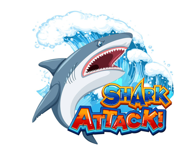 Shark atak czcionek logo z kreskówki agresywny rekin ilustracja - Wektor, obraz