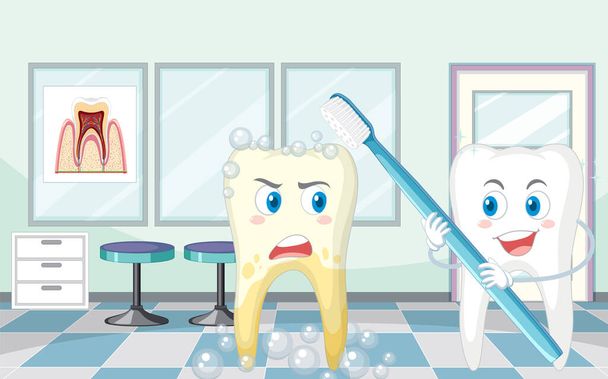 Klinikte diş temizleme malzemeleriyle kendini fırçalayan mutlu diş. - Vektör, Görsel