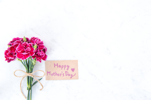 May mothers day idea concept photography - Beautiful blooming carnations tied by bow with kraft text card isolated on bright modern table, copy space, flat lay, top view, mock up - Foto, imagen