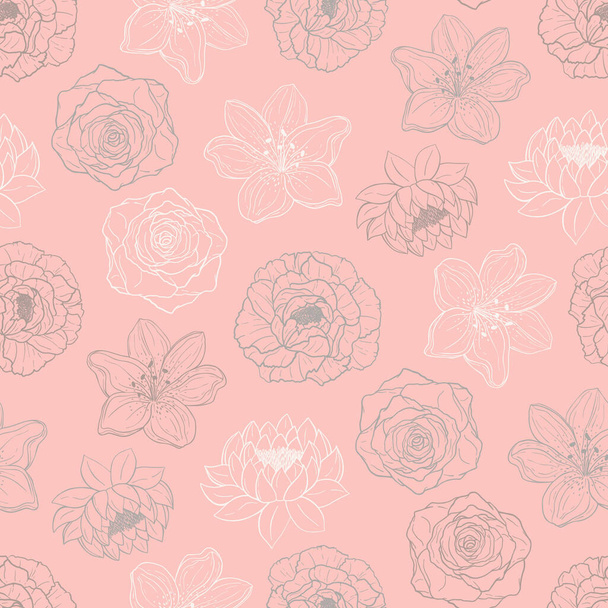 Hand drawn seamless pattern vector of flowers. Blooming peony, rose, lily, lotus. Decorative floral doodle illustration for greeting card, invitation, wallpaper, wrapping paper, fabric - Vector, Image