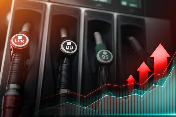 Az üzemanyagipar áremelkedése. Pisztolyok sora a töltőállomáson - Fotó, kép
