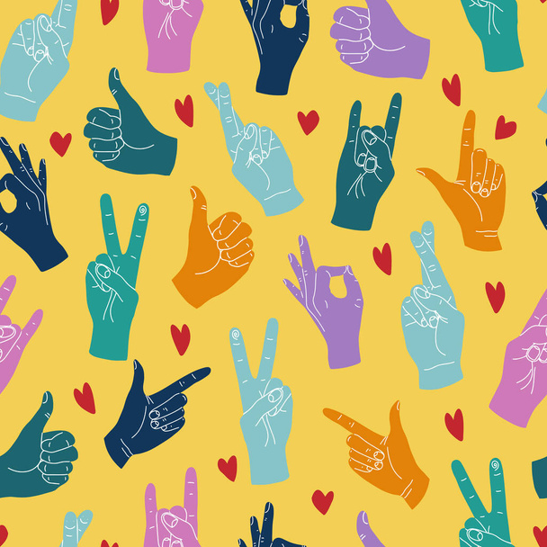 Vector seamless pattern with different positive hand gestures and hearts on a bright yellow background - Διάνυσμα, εικόνα