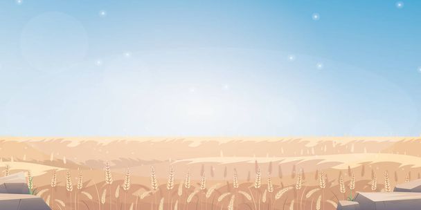 Venkovská krajina s pšeničným polem a modrou oblohou na pozadí. Vektorová ilustrace. - Vektor, obrázek
