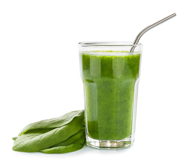 Glass of spinach smoothie on white background - Φωτογραφία, εικόνα