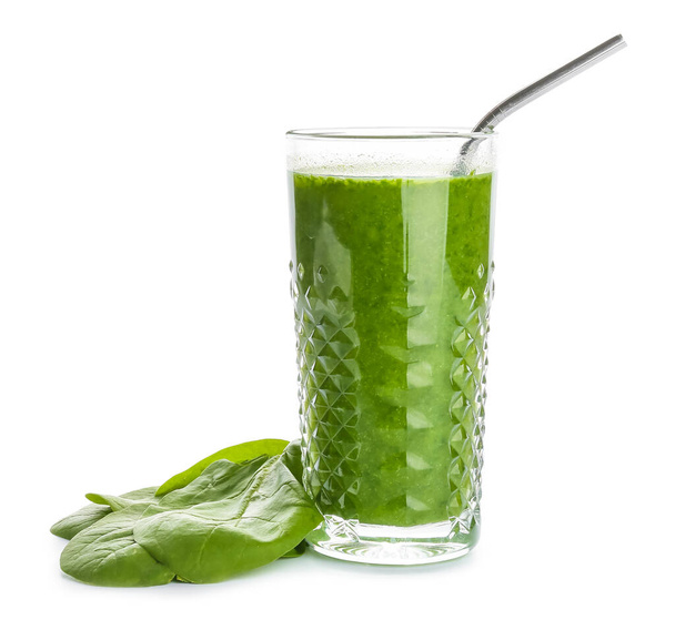 Glass of tasty spinach smoothie on white background - Fotó, kép