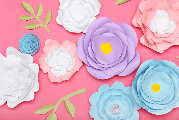 Beautiful handmade paper flowers on pink background, closeup - Photo, Image