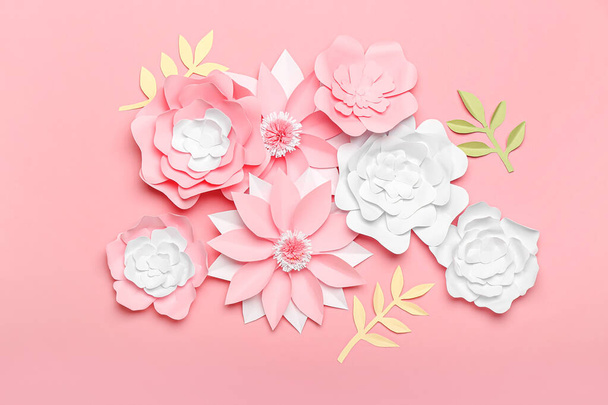 Beautiful handmade paper flowers on pink background - Photo, Image