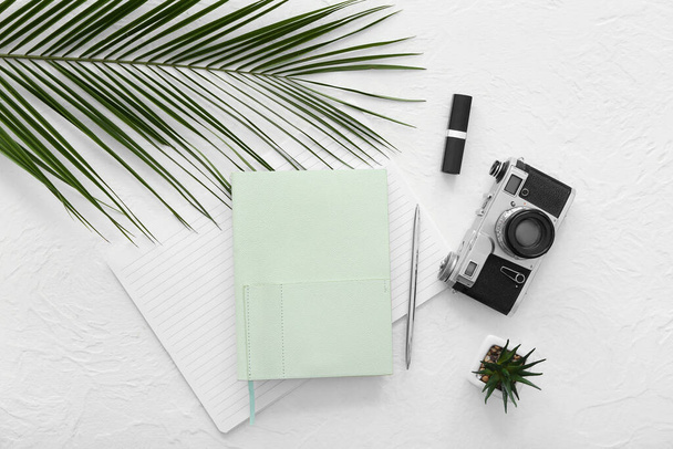 Stilvolle Notizbücher mit Fotokamera, Lippenstift, Palmblatt und Blumentopf auf weißem Hintergrund - Foto, Bild