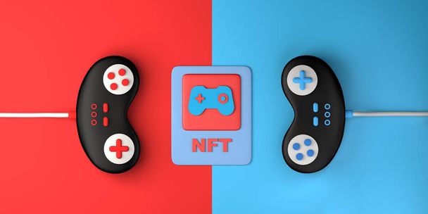 Незаменяемый токен видеоигры. Gaming NFT with video game console controllers. 3D иллюстрация. Копирование пространства. - Фото, изображение