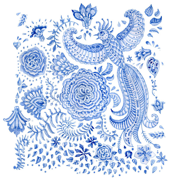 Aquarelle florale peinte sur fond blanc. Oiseau conte de fées, éléments de Paisley, fleur fantaisie, feuillage texturé. Page de brochure, album, couverture de livre, impression de tee-shirt - Photo, image