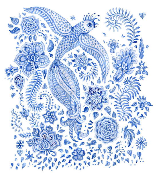 Conjunto de acuarela floral pintado aislado sobre fondo blanco. Cuento de hadas pájaro, elementos Paisley, flor de fantasía, follaje texturizado. Página del folleto, álbum, portada del libro, impresión de la camiseta - Foto, imagen