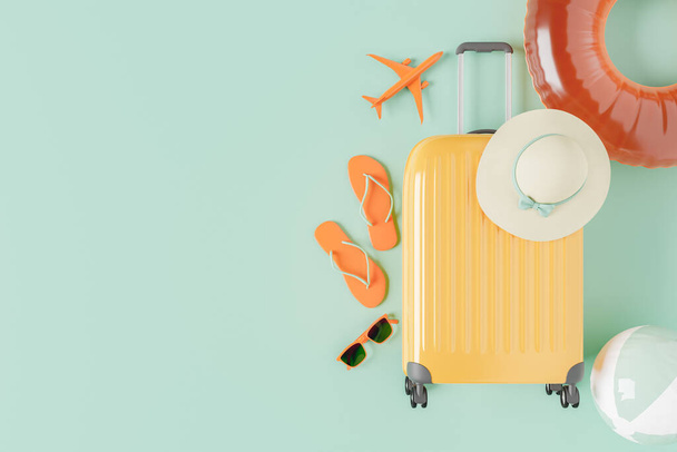 valigia con accessori da viaggio estivi e spazio per il testo. concetto estivo, godere, viaggiare, destinazioni e vacanze. rendering 3d - Foto, immagini