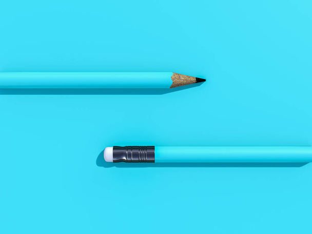 Kék ceruza kék háttérrel. Minimális ötlet. 3D Renderelés. - Fotó, kép